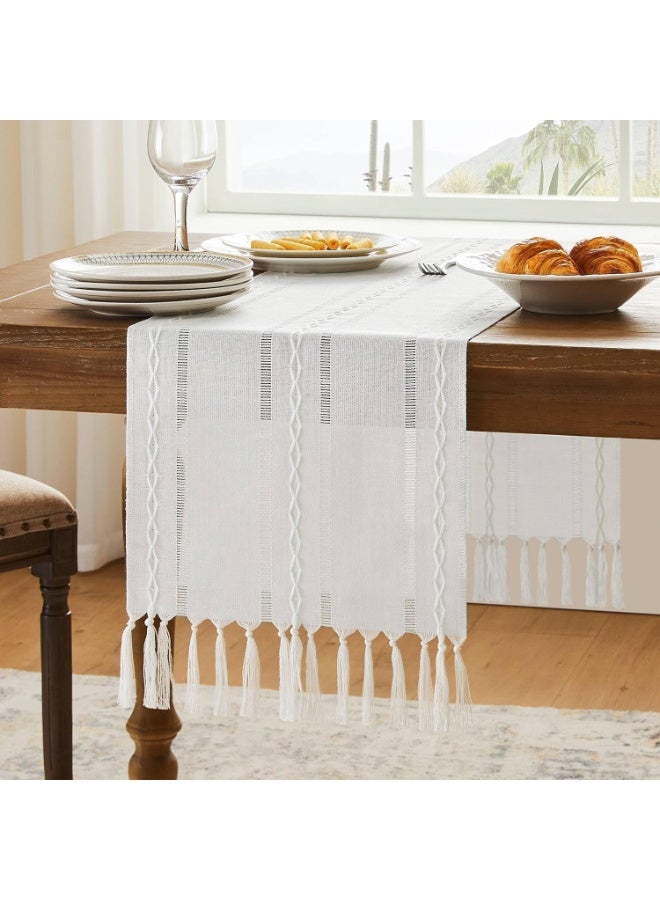 ChicAbode Christmas White Table Runner, White 13x72 Inch, Hemstitched Farmhouse Table Runners 72 Inches Long, Embroidered Striped White Boho Table Runner Rustic Home Decor - Image 1